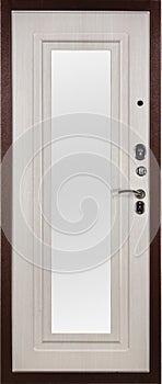 Frontal image of a closed beige door with mirror, isolated on white background