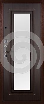 Frontal image of a closed brown door with mirror, isolated on white background