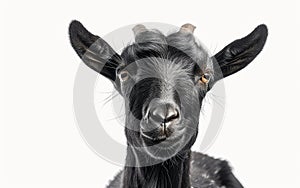 Frontal portrait of a black goat with a penetrating gaze, isolated on a white background. photo