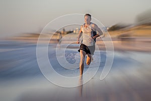 Athletic fit and strong runner man training on Summer sunset beach in sea shore running and fitness workout in sport and healthy l