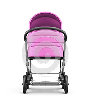 Frontal view of a baby stroller on a white background. 3d render