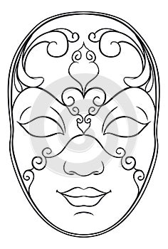 Frontal view of beautiful female Volto mask to coloring, Vector illustration photo