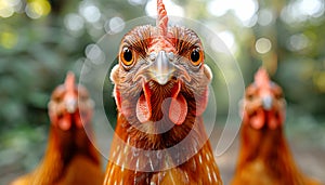 Frontal view of a brown chicken with a pronounced red comb and wattles photo