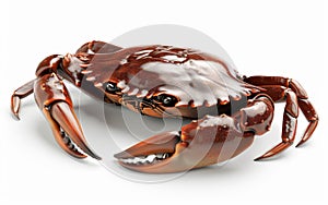 Frontal view of a brown crab with large claws, isolated on a white background.