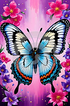 A frontal view of a butterfly is painted in spotted wings, bold painting art, flowers arounds