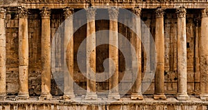 Frontal view of a colonnade - Row of columns of an ancient Roman temple ruin Bacchus temple in Baalbek