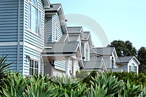 Frontal view of contemporary double story townhouses