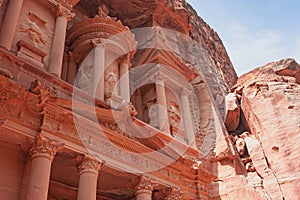 Frontal view of the entrance portal to the Treasury in the Petra. Jordan