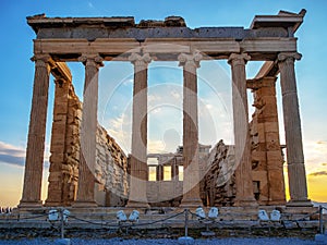 Frontal view of Erechtheion on Acropolis, Athens, Greece at sunset
