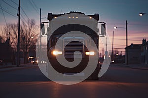 frontal view of a garbage truck with headlights on in twilight