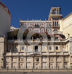 Frontal view of Kings fountain monument in Alfama, Lisbon