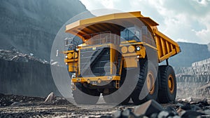 Frontal view of a large yellow haul truck at a mining site, with rocky terrain