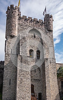 Frontal view on main tower of Gravensteen, Ghent, Belgium