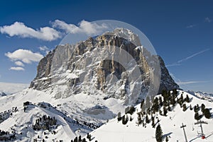 Frontal view of a mountain peak in winter.