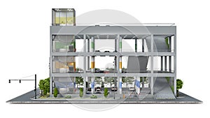 A frontal view of multi-level parking building on a piece of ground