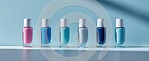 Frontal view of nail polish bottles arranged in a gradient from light pastel blue to dark pastel blue, showcasing a