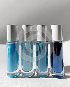 Frontal view of nail polish bottles arranged in a gradient from light pastel blue to dark pastel blue, showcasing a