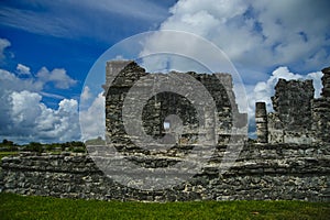 Frontal view of one of the buildings at the ancient Mayan site in Tulum, Quintana Too, Mexico.