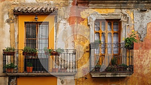 Frontal view of the openwork balconies of the Mediterranean old town. Generative AI