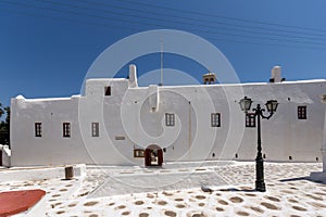 Frontal view of Panagia Tourliani monastery inTown of Ano Mera, island of Mykonos, Greece