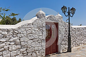 Frontal view of Panagia Tourliani monastery in Town of Ano Mera, island of Mykonos, Greece