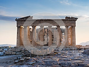 Frontal view of Parthenon on Acropolis, Athens, Greece against sunset