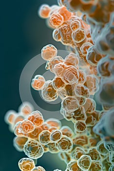 Frontal view photography of staphylococcus aureus in hard light with neutral colors and elements