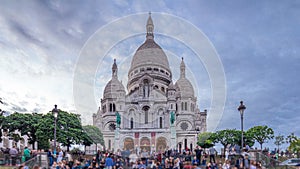 Frontal view of Sacre coeur Sacred Heart cathedral day to night timelapse. Paris, France