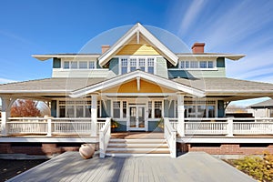 frontal view of a shingle style house with a veranda and dormer windows