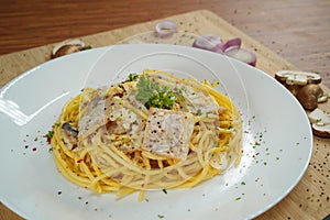 Frontal view of spaghetti carbonara lunch dinner meal