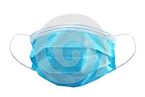 Frontal view of surgical mask isolated with rubber ear straps to cover the mouth and nose to protect face from virus