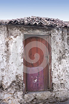 Frontal view of traditional building in Santa Cruz de La Palma. Close up of ancient declining hut on Spanish island