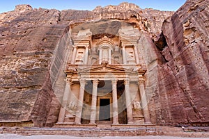 Frontal view of `The Treasury`, one of the most elaborate temples in the ancient Arab Nabatean Kingdom city of Petra, Jordan