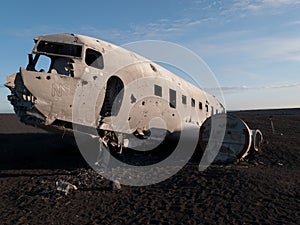 Frontal view of a wreckage of crashed airplane in Iceland at Solheimsandur beach