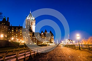 Frontenac Castle and Dufferin Terrace at night - Quebec City, Quebec, Canada photo