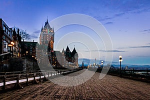 Frontenac Castle and Dufferin Terrace at twilight - Quebec City, Canada photo