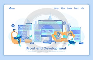Frontend Development, Creating a site layout, template. The programmer is developing a website UI UX interface on monitor screen,