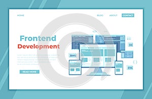 Frontend Development, Creating a site layout, template. Website UI UX interface on a monitor screen, tablet, phone, html css js photo