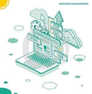 Frontend Development. Isometric Concept with Laptop Isolated on White