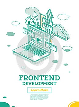 Frontend Development. Isometric Concept with Laptop Isolated on White. Creating a Site Layout Using Programming Languages. HTML, photo