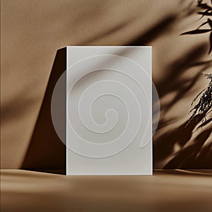 A frontfacing vertically positioned thick white PVC foamboard sheet standing upright against a solid light brown background The photo
