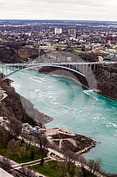 Frontier border rainbow bridge United States and Canada, Niagara Falls. Aerial view