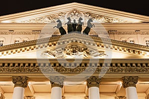 Fronton of Bolshoi Theatre in Moscow in night