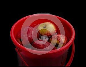 Frontview of Group of apples kept in salt water in a plastic bowl to detox and to reduce the oxidation, isolated on black.