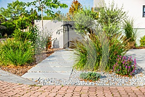 The frontyard of a modern house, garden details with colorful plants and dry grass beds with path