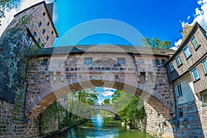 Fronveste bridge over Pegnitz river, Schlayerturm tower and Tower Green E from 1422, Nuremberg, Bavaria, Germany