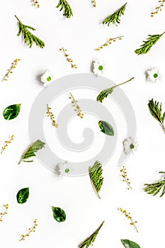 Froral pattern on white table background top view mockup