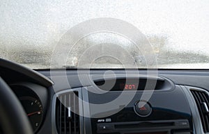 Frosen windscreen of car