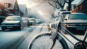 Frost-covered bicycle on a cold, sunny morning street