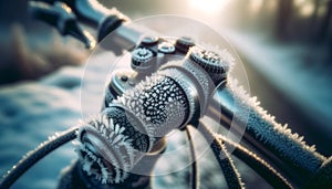 Frost-covered bicycle gears and chains close-up with sunrise in background